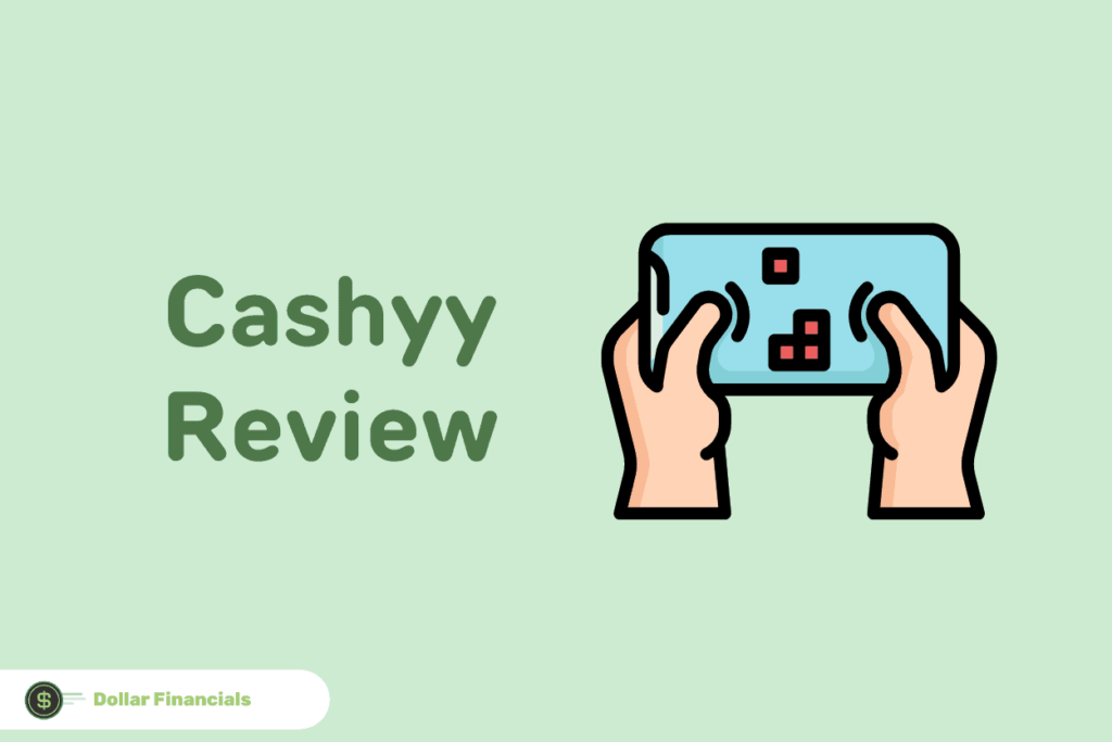 Text that reads “Cashyy Review” beside a pair of cartoon hands playing a game on their mobile device”