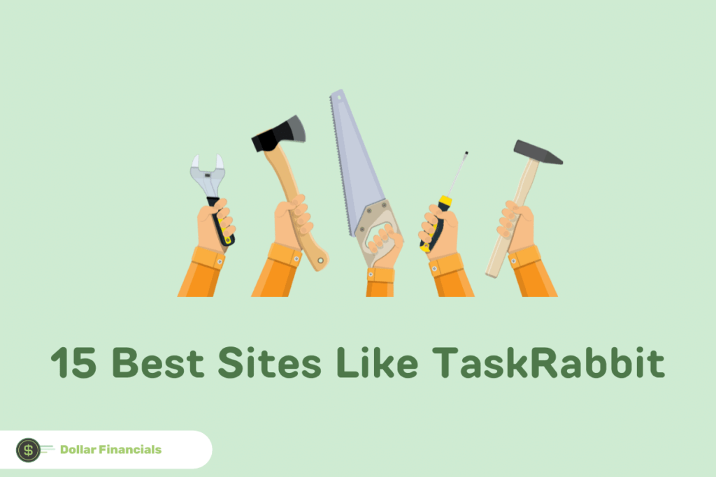 Text that reads “15 Best Sites Like TaskRabbit” below an image of hands holding various tools