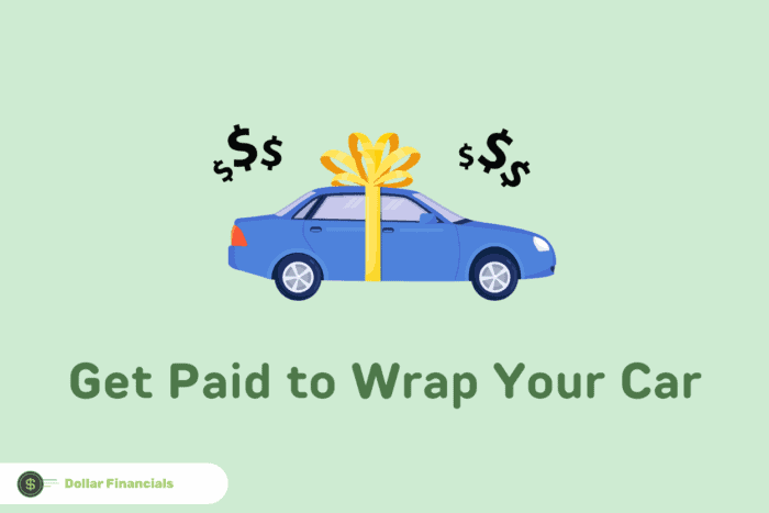 Text that reads “Get paid to wrap your car” below an image of a car with a box and dollar signs above it