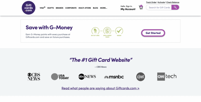 giftcards.com homepage