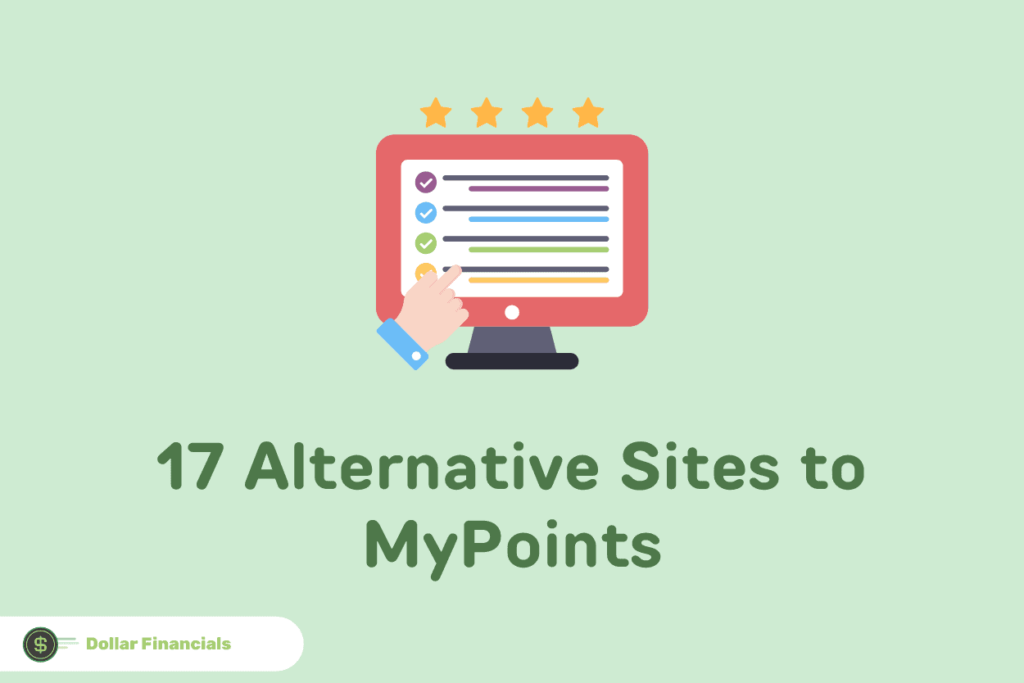 Text that reads “17 alternative sites to MyPoints” below an image of a computer screen with a hand checking off items and 4 stars above it