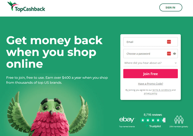 image showing topcashback homepage